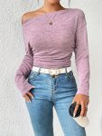 Solid Asymmetrical Neck Ruched T-Shirt Casual Long Sleeve Top For Spring & Fall Women's Clothing