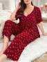 Bow Print Ruffle Collar Tasseled Tie Decor Bubble Sleeve Top & Pants Plus Size Pajama Set