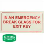 Photoluminescent 190MM Safety Sign – F43-IN An Emergency Break Glass For Exit Key