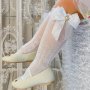 1 Pair Of Kid's Fashion Big Lace Bow With Pearl Design Knee-high Socks Comfy Breathable Thin Socks For Summer Daily Wearing