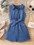 Girls Stylish & Casual Solid Colored Lapel Collar Button Up Belted Romper For Spring & Summer