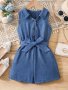 Girls Stylish & Casual Solid Colored Lapel Collar Button Up Belted Romper For Spring & Summer