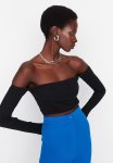 Fitted Super Crop Carmen Collar Corduroy Stretch Knitted Top - Black