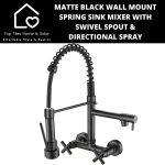 Matte Black Wall Mount Spring Sink Mixer With Swivel Spout & Directional Spray
