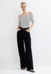 Off-the-shoulder Jersey Top - White & Navy Blue Striped