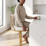 Adjustable Bar Stool With Boucle Seat And Gold Frame - White