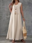 Split Hem V Neck Loose Dress Vacation Sleeveless Solid Dress For Spring & Summer Women's Clothing