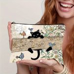 Vintage Cat Cosmetic Pouch - Durable Fade-resistant Canvas Fashionable Gift With Zipper Closure Portable Makeup Bag For Sisters