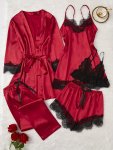 5 Pcs Elegant Solid Satin Lace Trim Pajama Set Long Sleeve Belted Robe & Hollow Out Cami Bra & V Neck Slip Dress &