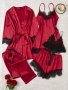 5 Pcs Elegant Solid Satin Lace Trim Pajama Set Long Sleeve Belted Robe & Hollow Out Cami Bra & V Neck Slip Dress & Shorts & Pants Women's Sleepwear & Loungewear