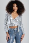 Sissy Boy Clean Break: Longsleeve Wrap Sequins Blouse With Tie - Silver