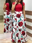 Printed Splicing Crew Neck Dress Elegant Short Sleeve Slim Waist Pleated Maxi Dress Women's Clothing For Elegant Dressing