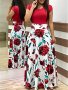 Printed Splicing Crew Neck Dress Elegant Short Sleeve Slim Waist Pleated Maxi Dress Women's Clothing For Elegant Dressing