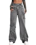 Kedera Women's Wide Leg Denim Pants Teen Star Raw Edge Baggy Trousers High Waisted Boyfriend Y2K Jeans Girls Fashion Grey