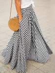 Plaid Pocket Maxi Skirt Casual Loose Fit High Waist Skirt For Spring & Summer Women's Clothing