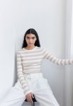 Ribbed Jersey Top - White & Light Beige Striped
