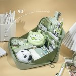 Green Panda Themed 90-DEGREE Large Opening Pencil Case Large Capacity Can Hold 100 Pens Classified Storage Can Hold Small Notebo