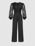 LaCie Lace Splicing V-neck Jumpsuit Elegant Lng Sleeve Straight Leg Jumpsuit Jumpsuit For Spring & Fall Women's Clothing