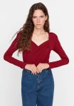 Waistband Draped Detailed Fitted Snap Knitted Bodysuit - Burgundy