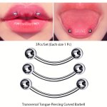 Dark Light 3PCS SET Stainless Steel Transversal Tongue Piercing Curved Barbells - Hip Hop Punk Style No Plating For Daily & Part