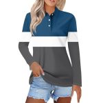 Polo Shirts For Womens V Neck Lapel Long Sleeve Tops With Collar Button Fall Loose Golf Casual Business Tunic BLOUSES3-NAVY 3X-L