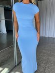 Solid Crew Neck Dress Casual Short Sleeve Slim Dress Women's Clothing