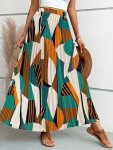 Color Block Elastic Waist Pleat Skirt Vacation A-line Skirt For Spring & Summer Women's Clothing