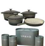 Cast Iron Pots And Matching Bread Bin And Canisters
