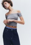 Rib-knit Off-the-shoulder Top - Grey