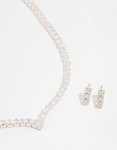 Silver Cubic Zirconia Thick V Necklace & Earrings Set