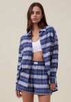Cotton On Flannel Boyfriend Long Sleeve Shirt - Roxy Woven Check Blue Shadow