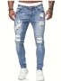 Men's Fashion Skinny Jeans - Distressed Ripped Style Stretch Denim Cotton Blend Basic Solid Color Regular Length All-season Wear Raw Wash Detail Woven Fabric