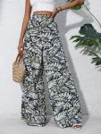 Boho Plants Print Pants Casual High Waist Elastic Wide Leg Summer Beach Palazzo Pants Women's Clothing