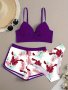 Floral Leaf Print Stretchy 3 Piece Set Swimsuits Cross Spaghetti Strap Push Up Bikini & Boxer Shorts Women's Swimwear & Clothing