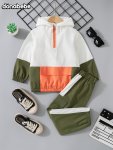 Stylish Half Zipper Hoodie Top & Cargo Pants Set 2-PIECE Boys Casual Versatile Co Ord Set For Spring Fall