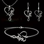 4PCS Retro Stainless Steel Faith Words Heart Shape Necklace Fashion Bracelet Earrings Set For Men