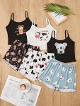 3 Sets Women's Cute Cartoon Print Frill Trim Pajama Set Round Neck Backless Cami Top & Shorts Comfortable Relaxed Fit