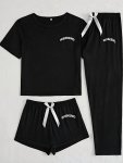Women's 3-PIECE Pajama Set Simple Style Short Sleeve Sleepwear With "weekend" Print Comfy Casual Loungewear