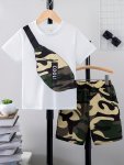 Boys 2-PIECE Casual Camouflage Pattern Crossbody Bag 3D Print Short Sleeve Tee And Shorts Set Suitable For Boys Summer