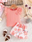 Baby's Cute Bowknot Decor 2PCS Summer Outfit Cap Sleeve Top & Flower Pattern Shorts Set Toddler & Infant Girl's Clothes For Dail