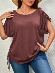 Plus Size Casual T-Shirt Women's Plus Solid Drawstring Ruched Short Sleeve Round Neck Slight Stretch T-Shirt