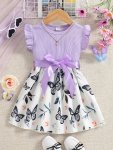 Casual Leaf & Butterfly Pattern Flying Sleeves Dress For Girls - Ideal For Summer & Casual Outings