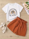 2 Pcs Happy Rainbow Graphic T-Shirt + Tie Waist Shorts Set Casual Going Out Girl's Summer Clothes Gift