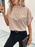 Metallic Polka-dot Print Mock Neck Blouse Elegant Short Sleeve Tied Blouse For Spring & Summer Women's Clothing