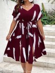 Plus Size All Over Print Dress Casual V Neck Short Sleeve Dress Women's Plus Size Clothing