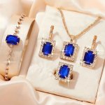 5PCS SET Elegant Vacation Style Jewelry Set Alloy With Square Blue Rhinestone Pendant Includes Necklace Ring Earrings & Bracelet