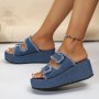 Women's Denim Platform Sandals Square Open Toe Buckle Strap Slide Shoes Fashion Outdoor Slides