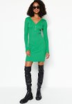 V-neck Ribbed Dress - Green
