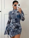 Patchwork Print Mock Neck Dress Elegant Long Sleeve Slim Split Hem Bodycon Dress For Spring & Fall Women's Clothing