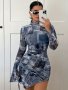 Patchwork Print Mock Neck Dress Elegant Long Sleeve Slim Split Hem Bodycon Dress For Spring & Fall Women's Clothing
